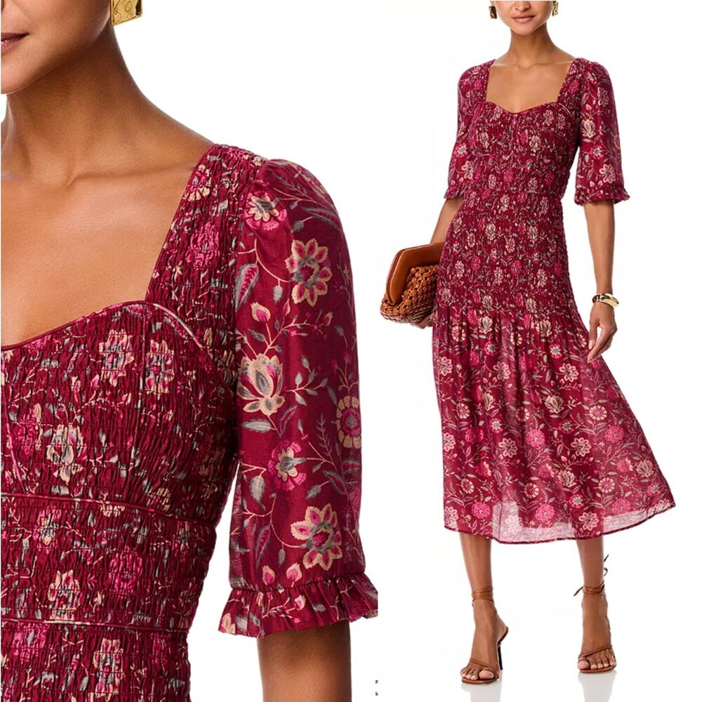 Sea New York 2 Smocked Sweetheart Midi Dress Famke $445 Floral Cottagecore Red